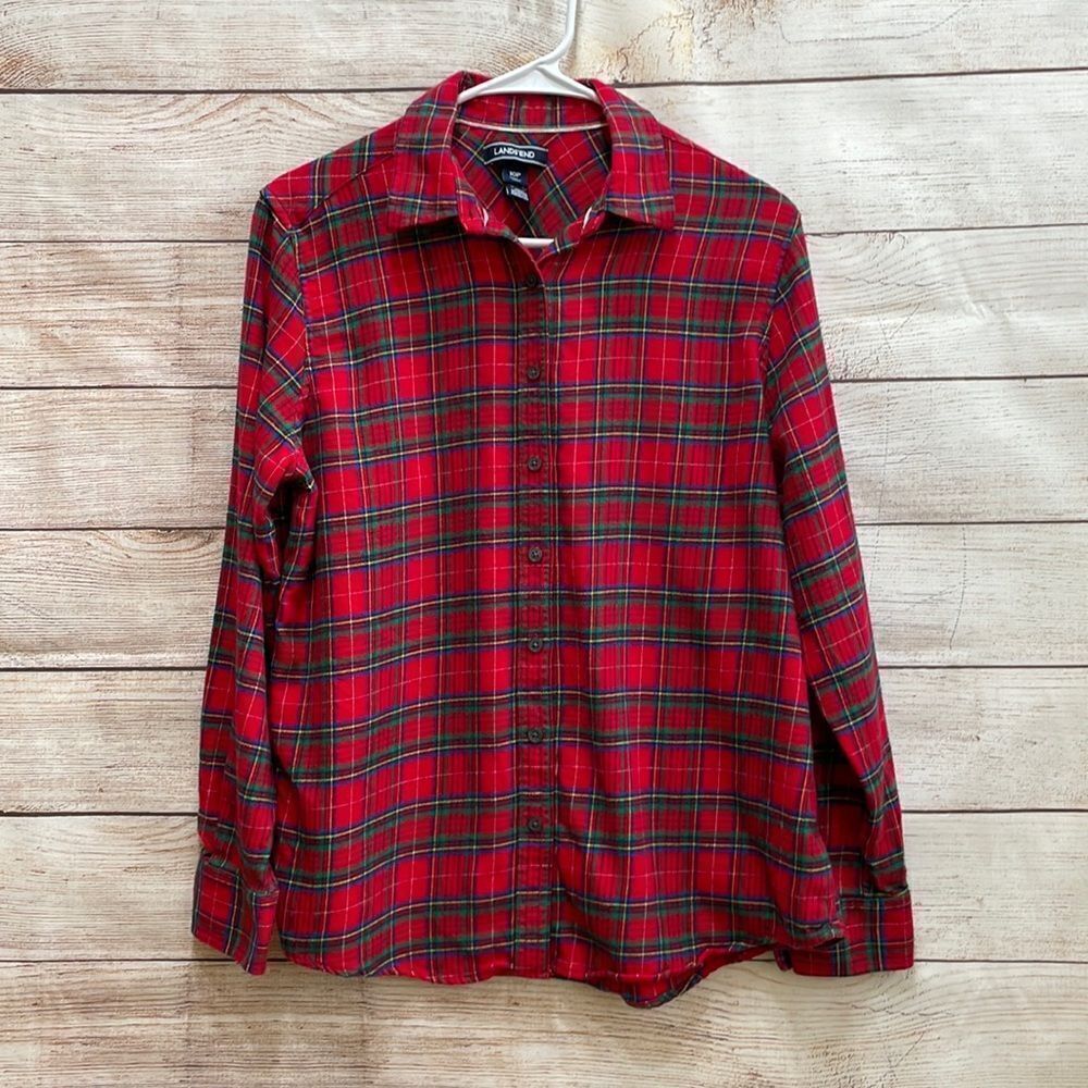 LANDS END PLAID FLANNEL SHIRT IN RED AND GREEN